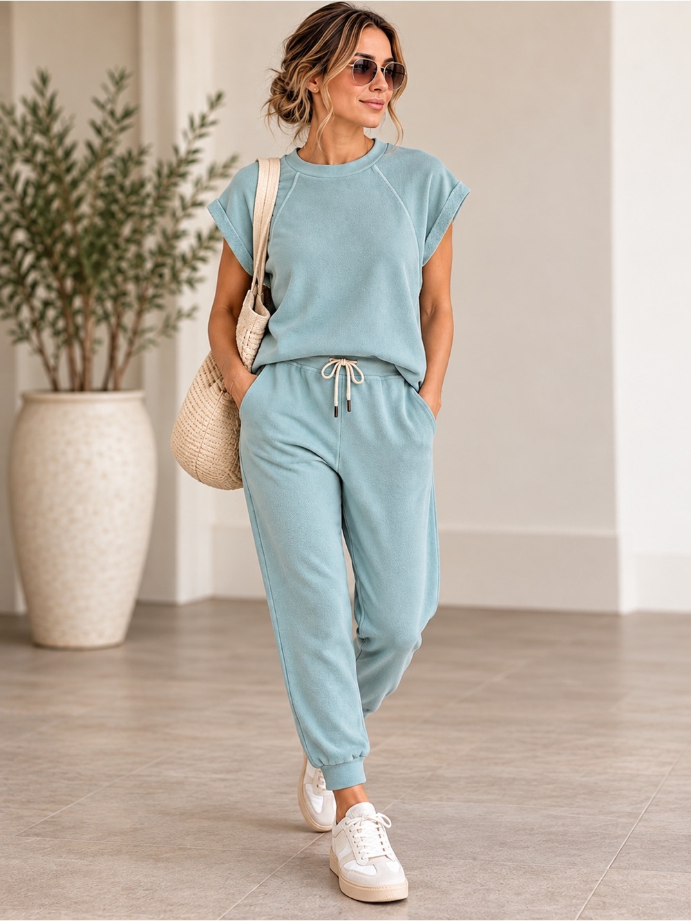 Self Contrast 2 Piece French Terry Lounge Set Joggers Top M USA